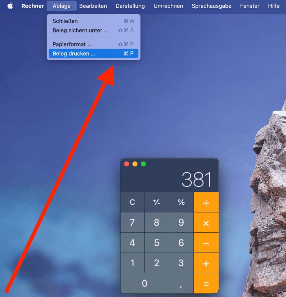 Mac Taschenrechner Beleg drucken 